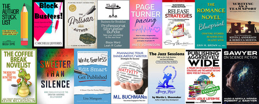 Cover collage of the 15 books in the 2026 Novel Writing Tools StoryBundle, including Writing as a Team Sport and Sawyer on Science Fiction.