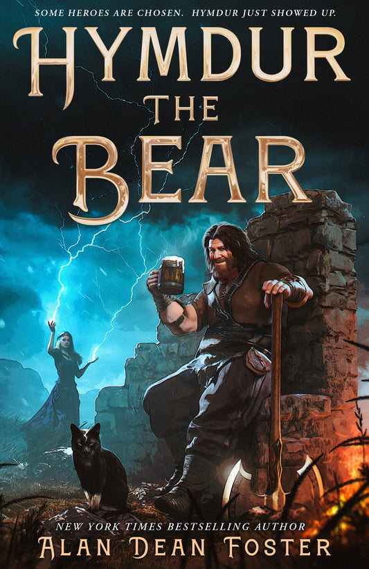 Hymdur the Bear by Alan Dean Foster book cover featuring a warrior with a tankard, a black cat, and a sorceress amid lightning.